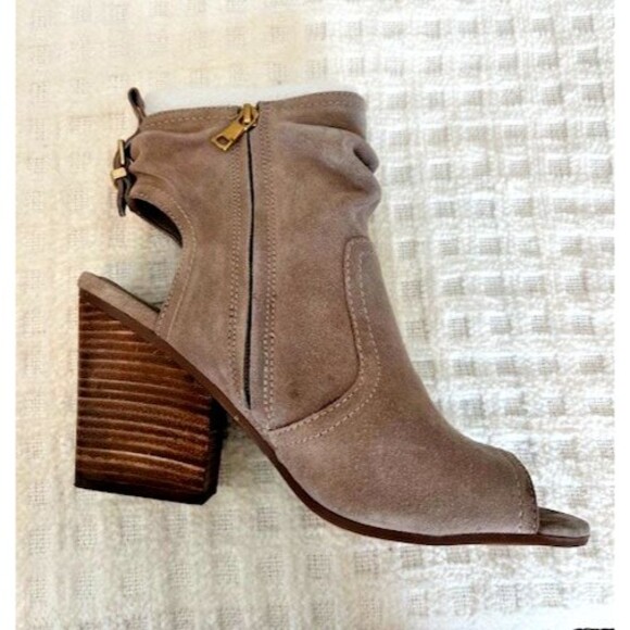Latigo Arma Open Toe Suede Booties Taupe Block Heel Size 10 New In Box - Picture 4 of 13